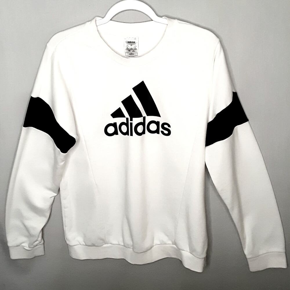 💎Adidas Mens White Black Pullover Sweatshirt Size Large Brand Logo